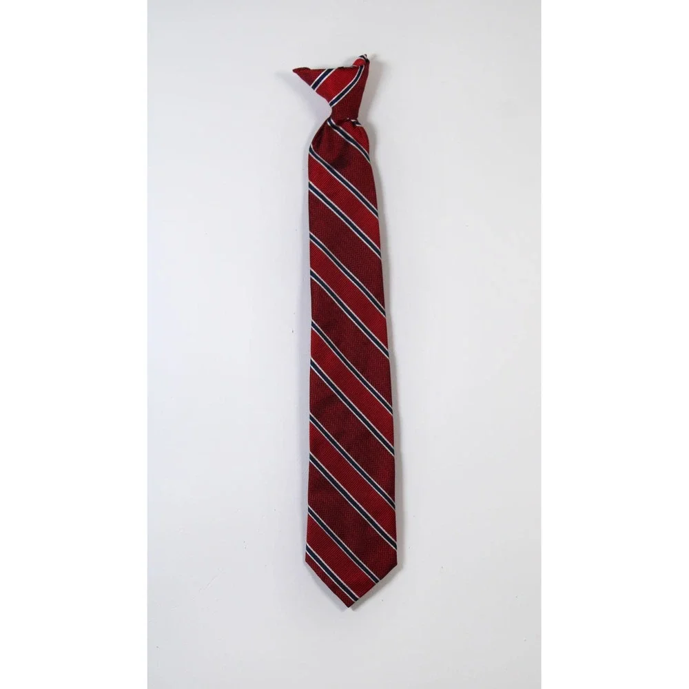 Red Striped Clip-On Necktie Navy White Diagonal Stripe Herringbone 15 Inch